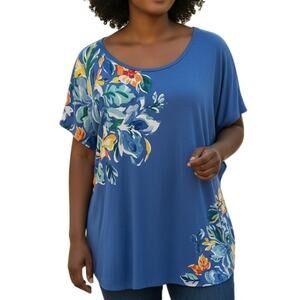 Westport Floral Tee Womens Size 2X Blue Scoop Neck Short Sleeve Casual Top